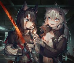 Rule 34 | 2girls, ahoge, animal ear fluff, animal ears, arknights, bandeau, black capelet, black gloves, black hair, black jacket, blood, blue eyes, breasts, capelet, cigarette, cleavage, commentary request, fingerless gloves, gloves, grey gloves, grey hair, hair ornament, hairclip, highres, holding, holding cigarette, holding lighter, holding sword, holding weapon, id card, indoors, jacket, lappland (arknights), lighter, long hair, long sleeves, medium breasts, midriff, multiple girls, mwomwomwo, navel, open clothes, open jacket, scar, scar across eye, sharp teeth, stomach, strapless, sword, teeth, texas (arknights), tube top, upper body, weapon, white jacket, wolf ears