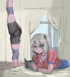 Rule 34 | 1girl, bike shorts, bisected, book, bow (bhp), breasts, closed mouth, colored skin, green eyes, grey hair, grey skin, hair between eyes, lying, medium breasts, medium hair, multicolored skin, on bed, on stomach, one side up, open book, original, pink skin, reading, red shirt, shirt, short sleeves, solo, standing, standing on one leg, stitched face, stitched neck, stitches, two-tone skin, wristband, zombie