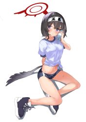 Rule 34 | 1girl, absurdres, black footwear, black hair, black wings, blue archive, blue buruma, blush, bottle, breasts, buruma, clothes writing, erory6 (ro), full body, gym uniform, halo, headband, highres, looking at viewer, mashiro (blue archive), mini wings, purple eyes, shirt, shoes, short hair, short sleeves, side-tie shirt, simple background, sitting, small breasts, solo, sweat, tied shirt, water bottle, white background, white headband, white shirt, wings