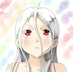 Rule 34 | 1girl, colored eyelashes, deadman wonderland, lazy (a850125520), long hair, looking up, nude, red eyes, shiro (deadman wonderland), solo, white hair