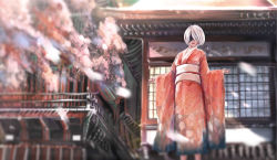 Rule 34 | 1girl, blindfold, cherry blossoms, covered eyes, foreshortening, grey hair, highres, japanese clothes, kimono, nier:automata, nier (series), obi, outdoors, petals, sash, shenhaixun, solo, standing, traditional clothes, wide sleeves, 2b (nier:automata)