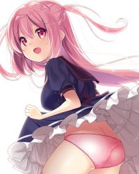 Rule 34 | 1girl, ass, black dress, butt crack, clothes lift, dress, dress lift, from behind, lifting own clothes, long hair, looking back, open mouth, original, panties, pink eyes, pink hair, pink panties, sailor collar, school uniform, simple background, smile, solo, thighs, two side up, underwear, usume shirou, white background, wind, wind lift