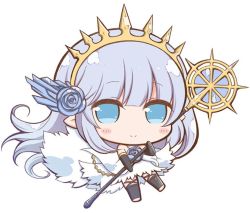 Rule 34 | 10s, 1girl, :&gt;, bare shoulders, black gloves, black thighhighs, blue eyes, blue flower, blue hair, blue rose, blush, blush stickers, chain, chibi, closed mouth, dress, elbow gloves, eyebrows, flower, full body, gloves, granblue fantasy, hair flower, hair ornament, hand up, holding, holding staff, lily (granblue fantasy), long hair, looking at viewer, nejikirio, pointy ears, rose, simple background, sleeveless, sleeveless dress, smile, solo, staff, thighhighs, tiara, toeless legwear, white background, white dress