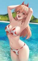 Rule 34 | 1girl, :d, armpits, arms behind head, arms up, bikini, blonde hair, blue sky, breasts, cawfield, chainsaw man, demon girl, demon horns, hair between eyes, highres, horns, long hair, medium breasts, navel, open mouth, outdoors, polka dot, polka dot bikini, power (chainsaw man), red horns, sharp teeth, signature, sky, smile, solo, stomach, swimsuit, symbol-shaped pupils, teeth, v-shaped eyebrows, wading, water, wet, yellow eyes