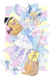 Rule 34 | 1girl, alternate costume, blue eyes, blue hair, blue hat, blush, broom, cirno, detached wings, fairy, full body, hair between eyes, hat, highres, ice, ice wings, jack-o&#039;-lantern, nikorashi-ka, one eye closed, open mouth, pleated skirt, shoes, short hair, skirt, sleeves past fingers, sleeves past wrists, sneakers, solo, thighhighs, touhou, white skirt, white thighhighs, wings, witch hat