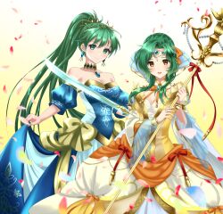 Rule 34 | 2girls, :d, bare shoulders, blue dress, breasts, choker, cleavage, commentary request, cowboy shot, detached sleeves, dress, elincia ridell crimea, fire emblem, fire emblem: radiant dawn, fire emblem: the blazing blade, fire emblem heroes, gradient background, green eyes, green hair, highres, holding, holding staff, kakiko210, long hair, looking at viewer, lyn (fire emblem), medium breasts, multiple girls, nintendo, open mouth, partial commentary, ponytail, puffy short sleeves, puffy sleeves, short sleeves, skirt hold, smile, staff, standing, strapless, strapless dress, sword, very long hair, weapon, yellow background, yellow dress, yellow eyes