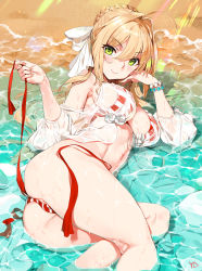 Rule 34 | 1girl, ahoge, artist name, ass, beach, bikini, blonde hair, blush, bracelet, braid, breasts, closed mouth, day, fate/grand order, fate (series), fingernails, front-tie top, green eyes, hair bun, hair intakes, hair ribbon, highres, jewelry, large breasts, long hair, looking at viewer, lying, navel, nero claudius (fate), nero claudius (fate) (all), nero claudius (swimsuit caster) (fate), nero claudius (swimsuit caster) (third ascension) (fate), on side, partially submerged, ribbon, side-tie bikini bottom, single hair bun, smile, solo, striped bikini, striped clothes, sunlight, swimsuit, untied bikini, wet, yd (orange maru)