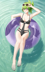 Rule 34 | 1girl, absurdres, arm up, barefoot, black nails, black one-piece swimsuit, body markings, breasts, closed mouth, covered navel, eyewear on head, from above, full body, genshin impact, green hair, hair between eyes, highres, ilmm, innertube, kuki shinobu, lying, nail polish, on back, one-piece swimsuit, ponytail, purple eyes, small breasts, solo, sunglasses, swim ring, swimsuit, thighs, toenail polish, toenails, water