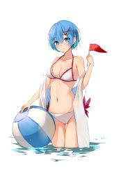 Rule 34 | 10s, 1girl, afloat, ball, bare shoulders, beachball, bikini, blue eyes, blue hair, blush, breasts, cleavage, closed mouth, collarbone, commentary request, eyes visible through hair, flag, frilled bikini, frills, hair ornament, hair over one eye, hairclip, head tilt, highres, holding, holding flag, looking at viewer, medium breasts, navel, re:zero kara hajimeru isekai seikatsu, rem (re:zero), shawl, short hair, simple background, skysuy (2267420264), smile, solo, stomach, swimsuit, thigh gap, translation request, wading, water, white background, white bikini, x hair ornament