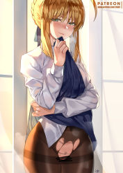 Rule 34 | 1girl, ahoge, artist name, artoria pendragon (all), artoria pendragon (fate), bad id, bad pixiv id, blonde hair, blue ribbon, blue skirt, blush, braid, breasts, brown pantyhose, casual, censored, clothes lift, club3, collared shirt, cowboy shot, crown braid, fate/stay night, fate (series), female pubic hair, green eyes, half-closed eyes, indoors, lifted by self, long hair, long sleeves, looking at viewer, medium breasts, pantyhose, pubic hair, pussy, pussy peek, ribbon, saber (fate), shirt, signature, skirt, skirt lift, smile, solo, thighband pantyhose, torn clothes, torn pantyhose, white shirt