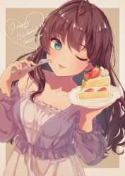 Rule 34 | 1girl, :3, absurdres, ahoge, blue eyes, breasts, brown hair, cake, cake slice, collarbone, commentary request, curly hair, dated, dress, fingernails, food, fork, fruit, happy birthday, heart, highres, holding, holding food, holding fork, ichinose shiki, icing, idolmaster, idolmaster cinderella girls, idolmaster cinderella girls starlight stage, long hair, long sleeves, looking at viewer, medium breasts, one eye closed, parted lips, pink nails, purple shirt, rakkopower, see-through, see-through shirt, shirt, sleeveless, sleeveless dress, smile, solo, strawberry, upper body