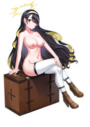 1girl absurdres black_hair blue_archive box breasts cleavage crossed_legs ear_piercing full_body habit hair_over_one_eye halo highres hinata_(blue_archive) large_breasts long_hair looking_at_viewer moecchi navel nipples nude nun on_box piercing red_eyes sitting swept_bangs thighhighs very_long_hair white_thighhighs