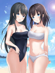 Rule 34 | 2girls, absurdres, bandeau, bare shoulders, beach, bikini, black hair, black one-piece swimsuit, blue sky, breasts, cleavage, cloud, commentary, commission, day, english commentary, green eyes, highres, horizon, large breasts, long hair, medium hair, multiple girls, neon (hhs9444), ocean, one-piece swimsuit, original, outdoors, pixiv commission, sky, strapless, strapless bikini, strapless one-piece swimsuit, swimsuit, white bikini