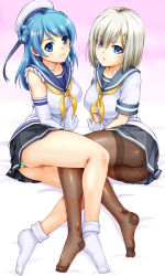 Rule 34 | 2girls, arm support, ass, bare legs, bare shoulders, bed sheet, beret, black legwear, blue hair, blush, breasts, collarbone, commentary request, double bun, elbow gloves, foreshortening, full body, gloves, green panties, hair bun, hair ornament, hair over one eye, hairclip, hamakaze (kancolle), hat, kantai collection, legs, long hair, looking at viewer, lying, medium breasts, miniskirt, multiple girls, neckerchief, no shoes, on side, panties, panties under pantyhose, pantyhose, parted lips, school uniform, serafuku, shirt, short hair, silver hair, skirt, sleeveless, sleeveless shirt, smile, socks, thighband pantyhose, underwear, upskirt, urakaze (kancolle), urase shioji, white gloves, white hat, white legwear, yellow neckerchief