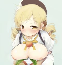 Rule 34 | 10s, 1girl, anshinmama, beret, blonde hair, blush, breast rest, breasts, carried breast rest, carrying, detached sleeves, drill hair, food, fruit, hat, large breasts, long hair, mahou shoujo madoka magica, mahou shoujo madoka magica (anime), mandarin orange, new year, nipples, open clothes, oppai mochi, orange (fruit), solo, tomoe mami, twin drills, yellow eyes