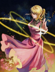 Rule 34 | 1264276395, 1girl, absurdres, blonde hair, dress, foreshortening, freckles, highres, looking at viewer, messy hair, pinafore dress, pink dress, ponytail, rachel (tower of god), sidelocks, sleeveless, sleeveless dress, solo, tower of god, yellow eyes