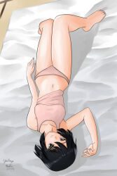 Rule 34 | 1girl, artist name, barefoot, bed sheet, black eyes, black hair, bob cut, breasts, camisole, camisole lift, closed mouth, clothes lift, collarbone, commentary, dated, futon, girls und panzer, hair between eyes, hand up, knees together feet apart, legs, light smile, looking at viewer, lying, matsui yasutsugu, midriff, navel, on back, on bed, panties, pink camisole, pink nails, pink panties, short hair, signature, small breasts, smile, solo, tatami, toenails, toes, underwear, underwear only, upside-down, utsugi yuuki