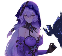 Rule 34 | 1girl, absurdres, bare shoulders, black gloves, black swan (honkai: star rail), breasts, cleavage, commentary, dress, elbow gloves, gloves, highres, honkai: star rail, honkai (series), large breasts, long hair, purple dress, purple hair, simple background, sleeveless, sleeveless dress, smurtz, solo, unfinished, upper body, veil, very long hair, white background
