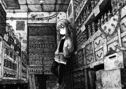 Rule 34 | 1girl, artist name, belt, closed mouth, denim, denim shorts, expressionless, greyscale, hair between eyes, hands in pockets, hood, hoodie, indoors, looking away, monochrome, original, scenery, short hair, short twintails, shorts, sidelocks, solo, standing, thighhighs, twintails, twitter username, usio ueda