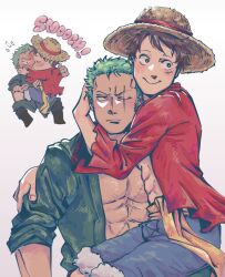 Rule 34 | 2boys, abs, bare pectorals, black hair, blush, closed mouth, couple, english text, facial scar, green hair, hat, highres, kiss, male focus, migiball, monkey d. luffy, multiple boys, muscular, muscular male, one eye closed, one piece, open clothes, pectorals, roronoa zoro, sash, scar, scar across eye, scar on cheek, scar on chest, scar on face, shirt, short hair, shorts, sideburns, sitting, sitting on lap, sitting on person, smile, straw hat, surprised, toned, toned male, white background, yaoi, yellow sash