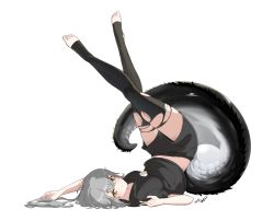Rule 34 | 1girl, ahoge, alternate costume, arknights, artist name, black shirt, black shorts, black thighhighs, blush, breasts, chinese commentary, closed mouth, crocodilian tail, flower, full body, hair between eyes, highres, large tail, legs up, looking at viewer, lying, medium breasts, medium hair, midriff, mr.zhuo, on back, shirt, short shorts, short sleeves, shorts, signature, silver hair, simple background, smile, solo, tail, thighhighs, toes, tomimi (arknights), torn clothes, torn thighhighs, white background, yellow eyes