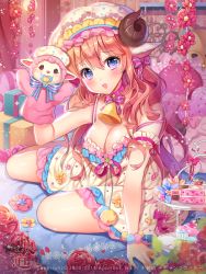 Rule 34 | 1girl, :o, animal ears, armband, bad id, bad pixiv id, bell, blue eyes, blush, box, breasts, cake, cake slice, collar, company name, cupcake, dated, dress, flower, food, frilled pillow, frills, fruit, furyou michi ~gang road~, gift, gift box, gown, hair ribbon, hat, horns, large breasts, looking at viewer, macaron, mob cap, neck bell, official art, orange hair, original, pacifier, pillow, pom pom (clothes), puppet, ribbon, sheep, sheep ears, sheep horns, sitting, solo, strawberry, stuffed animal, stuffed toy, teddy bear, tiered tray, wallpaper (object), watermark, wristband, yamada fumi, yeonwa, yokozuwari
