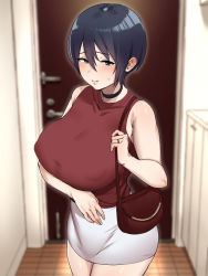 Rule 34 | 1girl, bag, bare arms, bare shoulders, black hair, blue eyes, blurry, blurry background, blush, breast hold, breasts, c-kyuu, carrying, choker, closed mouth, cowboy shot, embarrassed, female focus, hair between eyes, handbag, highres, huge breasts, indoors, legs, looking at viewer, netoraseta tsuma ga ochiru made, original, over shoulder, puffy areolae, short hair, skirt, sleeveless, smile, solo, standing, thighs, white skirt
