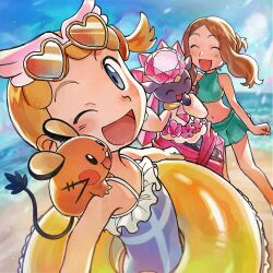 Rule 34 | 2girls, :d, ;d, bare arms, beach, blonde hair, blurry, bonnie (pokemon), brown hair, closed eyes, commentary request, creatures (company), day, dedenne, diancie, elizabeth (tomas21), eyelashes, frills, game freak, gen 6 pokemon, grey one-piece swimsuit, happy, heart, heart-shaped eyewear, highres, legendary pokemon, marine day, multiple girls, mythical pokemon, navel, nintendo, on shoulder, one-piece swimsuit, one eye closed, one side up, open mouth, outdoors, pokemon, pokemon (anime), pokemon (creature), pokemon on shoulder, pokemon xy (anime), sand, serena (pokemon), shore, sidelocks, smile, standing, sunglasses, swimsuit, water