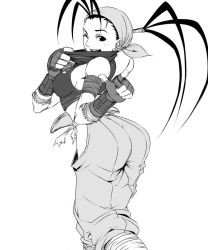 Rule 34 | 1girl, arched back, ass, bare shoulders, breasts, capcom, fingerless gloves, gloves, greyscale, hip vent, ibuki (street fighter), large breasts, looking back, monochrome, ninja, one eye closed, sideboob, smile, solo, street fighter, street fighter iii (series), suta furachina, wink