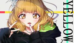 Rule 34 | 1girl, bad id, bad pixiv id, black hoodie, blonde hair, blush, commentary request, curly hair, english text, green hoodie, hair ribbon, hands up, highres, hood, hood down, hoodie, jewelry, kise yayoi, long sleeves, looking at viewer, medium hair, nail art, nail polish, necklace, open mouth, orange nails, polka dot, precure, purple nails, ribbon, rudo (rudorudo0917), sleeves past wrists, smile precure!, solo, upper body, v, white background, white ribbon, yellow eyes