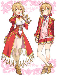 Rule 34 | 1girl, :d, adapted costume, ahoge, alternate costume, armor, armored boots, blonde hair, blush, boots, bow, bowtie, braid, breasts, collar, dress, fate/grand order, fate (series), french braid, green eyes, high heels, jacket, looking at viewer, multiple views, nero claudius (fate), nero claudius (fate) (all), nero claudius (fate/extra), open clothes, open jacket, open mouth, pleated skirt, popqn, school uniform, see-through, skindentation, skirt, small breasts, smile, thighhighs