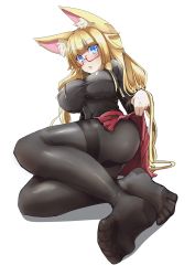 Rule 34 | 1girl, :o, absurdres, amino dopple, animal ear fluff, animal ears, ass, barefoot, black pantyhose, blonde hair, blue eyes, blunt bangs, blush, breasts, clothes lift, feet, foreshortening, fox ears, full body, highres, honami mikura (amino dopple), impossible clothes, large breasts, legs, long hair, looking at viewer, lying, on side, original, pantyhose, parted lips, pleated skirt, red skirt, semi-rimless eyewear, skin tight, skirt, skirt lift, soles, solo, thighband pantyhose, toes, transparent background, under-rim eyewear
