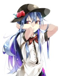 Rule 34 | 1girl, black hat, blue hair, bow, bowtie, brown eyes, buttons, commentary request, food, fruit, gorilla (bun0615), hair between eyes, hat, highres, hinanawi tenshi, leaf, lens flare, long hair, looking at viewer, peach, puffy short sleeves, puffy sleeves, red bow, red bowtie, shirt, short sleeves, simple background, solo, touhou, upper body, white background, white shirt