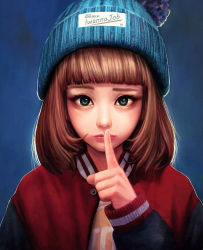 Rule 34 | 1girl, arm up, blue background, blush, brown hair, commentary, finger to mouth, fingernails, green eyes, green hat, hat, highres, jacket, jungon kim, knit hat, looking at viewer, medium hair, original, red jacket, simple background, skull cap, solo