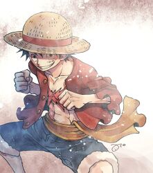 Rule 34 | 1boy, abs, aco peda, black hair, blue shorts, clenched hands, commentary request, cowboy shot, frilled shirt, frills, hat, looking at viewer, male focus, monkey d. luffy, one piece, open clothes, open shirt, sash, scar, scar on chest, scar on face, shirt, short hair, shorts, signature, simple background, smile, solo, straw hat, yellow sash