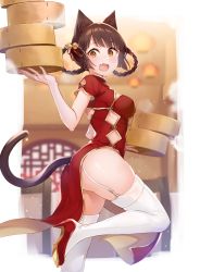 Rule 34 | 1girl, animal ears, black hair, blunt ends, blurry, blurry background, blush, braided hair rings, brown eyes, cat ears, cat tail, china dress, chinese clothes, dress, e (ejkfogksiu sjsial), fang, female focus, garter straps, high heels, highres, holding, looking at viewer, open mouth, original, pelvic curtain, red dress, red footwear, restaurant, short hair, skin fang, solo, standing, standing on one leg, tail, thighhighs, thighs, white thighhighs