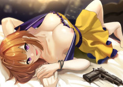 Rule 34 | 1girl, bad id, bad twitter id, bare shoulders, blush, breasts, brown hair, cleavage, collarbone, girls&#039; frontline, grizzly mkv (girls&#039; frontline), grizzly mkv (starry night ball) (girls&#039; frontline), gun, knees up, lar grizzly win mag, large breasts, looking at viewer, lying, muunyan (yumenekoya), nipple slip, nipples, on back, open mouth, purple eyes, short hair, skirt, smile, solo, thighs, weapon, yellow skirt