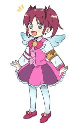 Rule 34 | 1girl, :d, armband, blue nails, collared shirt, commentary request, employee (project moon), fake wings, full body, hair ribbon, lobotomy corporation, long sleeves, medu (rubish), neck ribbon, necktie, notice lines, open mouth, pink hair, pink ribbon, pink skirt, pink vest, project moon, red necktie, ribbon, shirt, short twintails, simple background, skirt, smile, solo, twintails, vest, white background, white shirt, wings, yellow armband