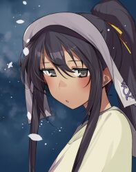 Rule 34 | 1girl, black hair, cloud, cloudy sky, grey eyes, hair ribbon, long hair, looking to the side, night, outdoors, ponytail, rance (series), rance ix, ribbon, russian kalette, shikosour, sky, snowflakes, snowing, solo