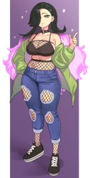Rule 34 | 1girl, absurdres, bad id, bad twitter id, black footwear, black hair, breasts, commission, fishnet pantyhose, fishnets, full body, gradient background, green eyes, green jacket, hair over one eye, hand up, highres, index finger raised, jacket, large breasts, long hair, looking at viewer, multicolored hair, nia (nia4294), off-shoulder jacket, off shoulder, original, pantyhose, pantyhose under trousers, pink hair, purple background, shadow, shoes, skindentation, smile, sneakers, solo, standing, two-tone hair, very long hair