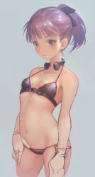 Rule 34 | bikini, black bikini, blush, breasts, cleavage, cowboy shot, fate/grand order, fate (series), halterneck, headphones, headphones around neck, helena blavatsky (fate), helena blavatsky (swimsuit archer) (fate), helena blavatsky (swimsuit archer) (third ascension) (fate), highres, looking at viewer, navel, o-ring, o-ring top, otsukemono, parted lips, purple eyes, purple hair, short ponytail, simple background, small breasts, solo, standing, swimsuit, unfinished