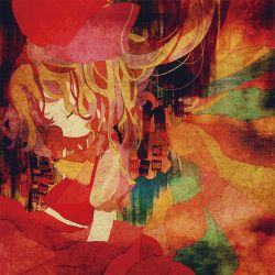 Rule 34 | 1girl, ascot, bad id, bad pixiv id, blonde hair, colorful, closed eyes, faux traditional media, female focus, flandre scarlet, from side, hat, hat ribbon, ribbon, short sleeves, skirt, skirt set, solo, tadano shiroko, touhou