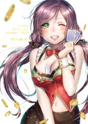 Rule 34 | 10s, 1girl, 2015, between breasts, blush, breasts, card, card between breasts, character name, cleavage, cowboy shot, dated, dice, green eyes, happy birthday, holding, holding card, large breasts, lma, long hair, looking at viewer, love live!, love live! school idol festival, love live! school idol project, low twintails, motion blur, navel, one eye closed, parted bangs, playing card, purple hair, simple background, smile, solo, sparkle, tojo nozomi, twintails, white background, wrist cuffs