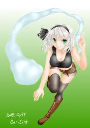 Rule 34 | black thighhighs, boots, breasts, cleavage, dated, gradient background, green background, green eyes, highres, konpaku youmu, libus, short hair, tank top, thigh boots, thighhighs, touhou, v, white hair