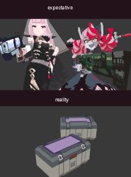 Rule 34 | 2girls, 3d, absurdres, aiming, aiming at viewer, apex legends, b3 wingman, black dress, blush, bow, breasts, chained tan, cleavage, commentary, double bun, dress, english commentary, english text, expectations/reality, fangs, frown, green eyes, grey background, gun, hair bow, hair bun, handgun, heterochromia, highres, holding, holding gun, holding weapon, hololive, hololive english, hololive indonesia, kureiji ollie, large breasts, low poly, m1904 mastiff, meme, mori calliope, multiple girls, open mouth, pink hair, pixel art, red hair, revolver, shotgun, stitched face, stitches, sword, symbol-shaped pupils, v-shaped eyebrows, veil, virtual youtuber, weapon, yellow eyes, zombie