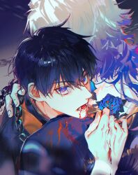 Rule 34 | 2boys, black hair, black shirt, blonde hair, blood, blood from mouth, blood on clothes, blue eyes, blue flower, blue hair, blue lock, blue rose, chain, chimmyming, collar, commentary request, flower, hair between eyes, hand on another&#039;s back, highres, hug, isagi yoichi, looking at viewer, male focus, metal collar, michael kaiser, multicolored hair, multiple boys, open mouth, rose, shirt, short hair, two-tone hair, upper body