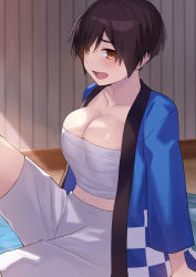 Rule 34 | 1girl, bad id, bad pixiv id, black hair, blush, breasts, brown eyes, cccpo, cleavage, collarbone, female focus, haori, highres, huge breasts, japanese clothes, looking at viewer, navel, open mouth, original, pixie cut, sarashi, short hair, solo, textless version, tomboy