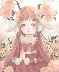 Rule 34 | 1girl, animal ears, arikawa anri, artist name, blunt bangs, blush, bow, braid, dress, fantasy, flower, hair flower, hair ornament, highres, jewelry, long braid, long hair, long sleeves, looking at viewer, necklace, original, own hands together, parted lips, pearl necklace, pink eyes, rabbit ears, rabbit girl, red bow, red dress, solo