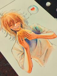 Rule 34 | 1boy, blonde hair, breasts, closed eyes, colored pencil (medium), commentary, crumbs, eating, english commentary, food, fruit, grin, heart, highres, holding, holding food, holding fruit, hoshi-pan, male focus, medium breasts, messy hair, open mouth, original, photo (medium), shirt, short sleeves, smile, solo, sparkle, spoken heart, teeth, traditional media, upper body, watermelon, watermelon slice, white shirt
