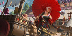 Rule 34 | chenshuojia124, highres, katana, long hair, mask, monkey, sword, tattoo, umbrella, weapon, white hair